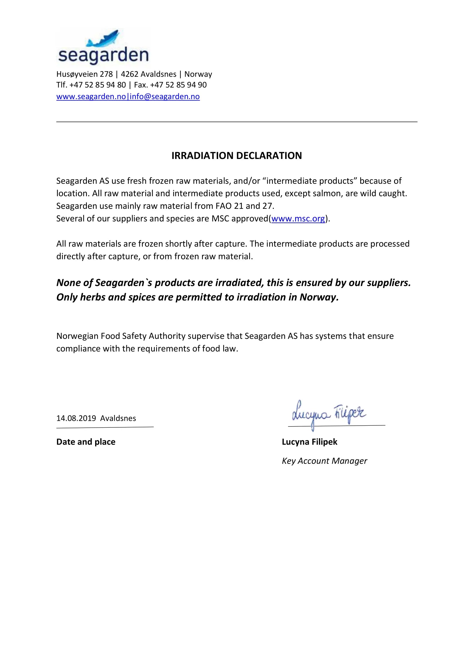 Non-irradiated certificate